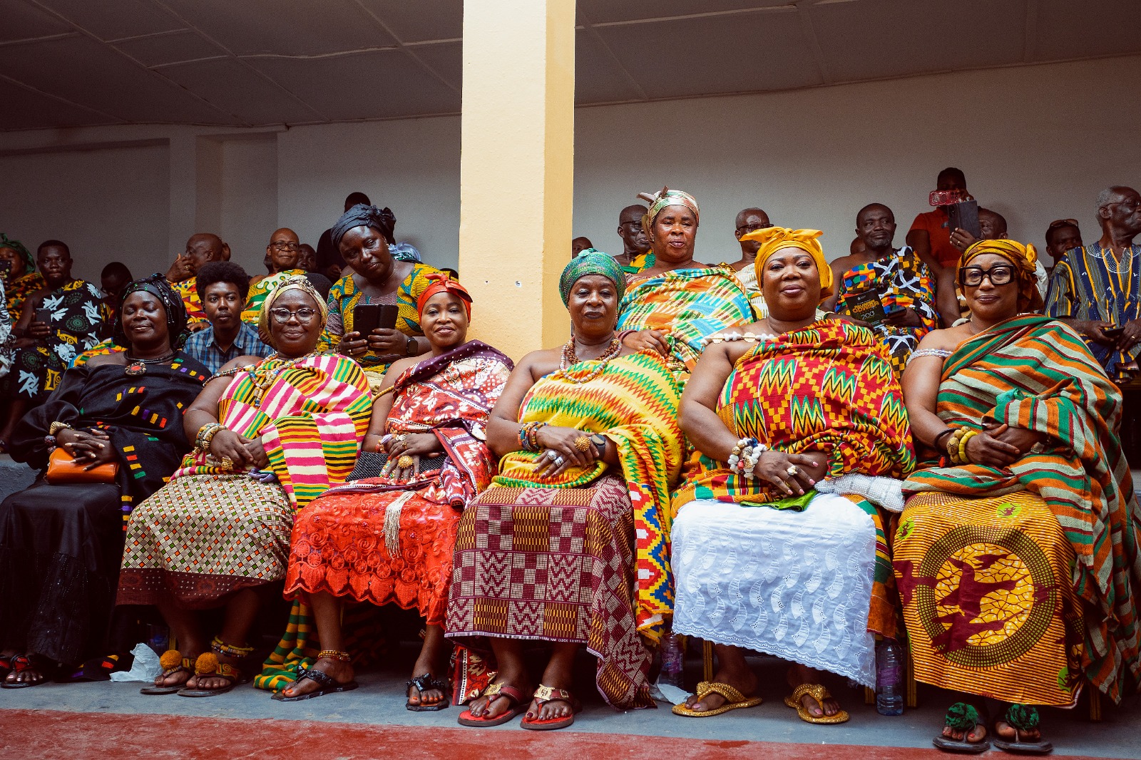 Queen mothers of the Akuapem towns seated in kente at the 2026 Odwira launch in Akropong